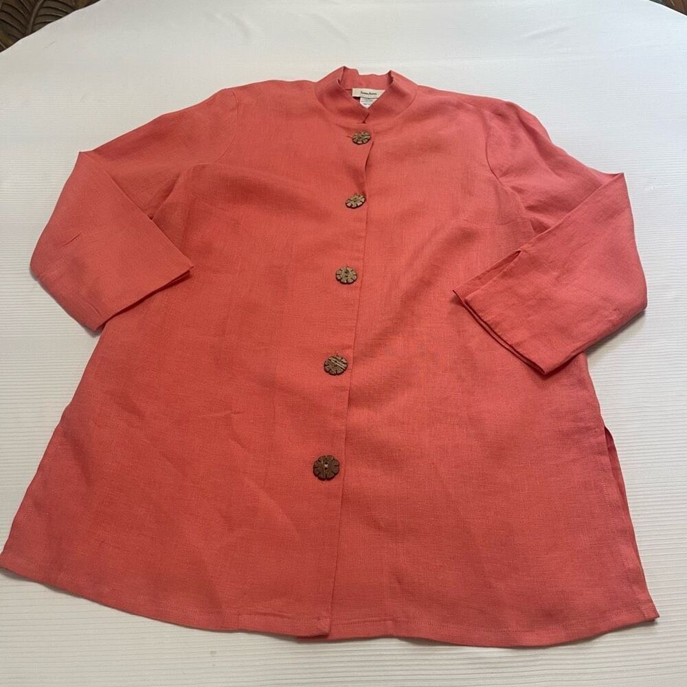Neiman Marcus Exclusive Coral Linen Button Up Tunic Top Size Medium